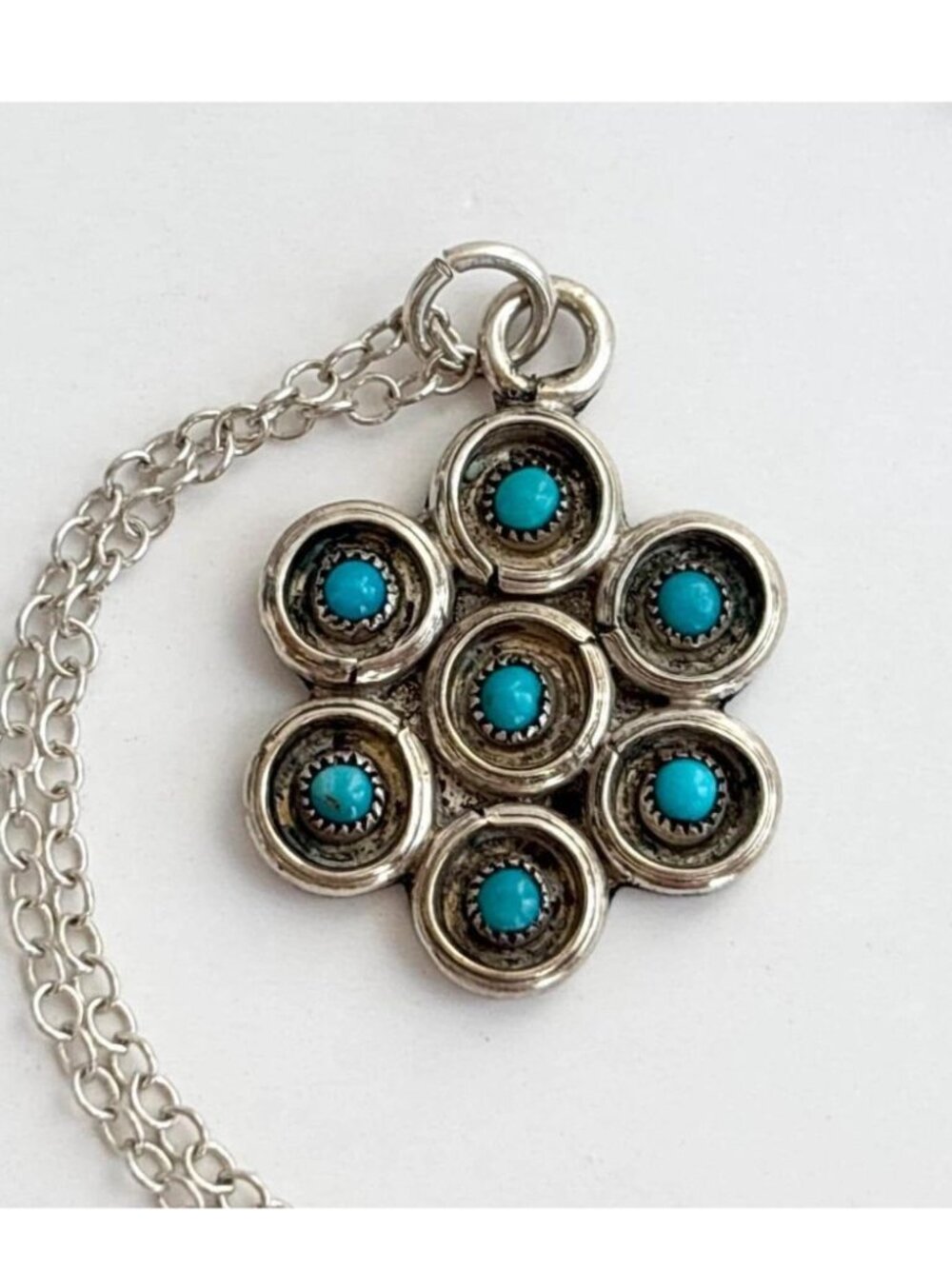Zuni Cluster Turquoise Floral Southwest Sterling 925 Vintage Pendant Necklace